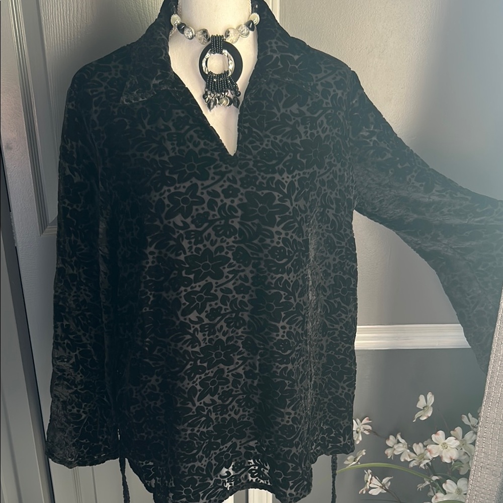 Black Bell Sleeve Notched Collar Blouse